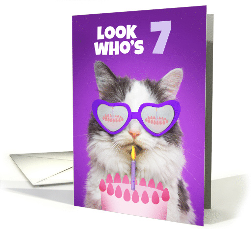 Happy Birthday 7 Year Old Cute Cat WIth Cake Humor card (1556310)