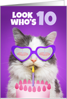 Happy Birthday 10 Year Old Cute Cat WIth Cake Humor card