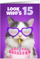 Happy Birthday 15 Year Old Cute Cat WIth Cake Humor card