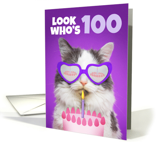 Happy Birthday 100 Year Old Cute Cat WIth Cake Humor card (1557078)