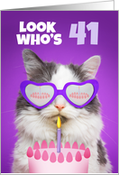 Happy Birthday 41 Year Old Cute Cat WIth Cake Humor card