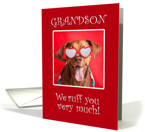 Happy Valentine's Day Grandson Pit Bull Dog in Heart Glasses card