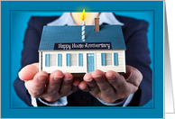 Happy House Anniversary Woman Holding Small House card