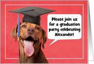 Graduation Party Invitation Custom Name Cute Dog in Cap Humor card