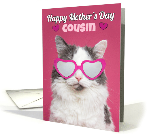 Happy Mother's Day Cousin Cute Cat in Heart Glasses Humor card