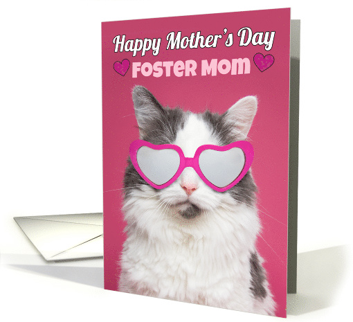 Happy Mother's Day Foster Mom Cute Cat in Heart Glasses Humor card