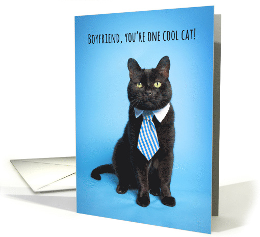 Happy Father's Day Boyfriend Cute Cat in Blue Tie Humor card (1568654)