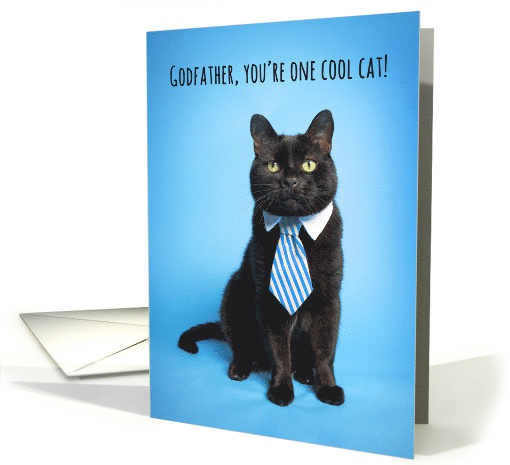 Happy Father's Day Godfather Cute Cat in Blue Tie Humor card (1568672)