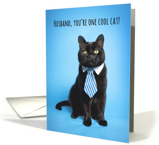 Happy Father's Day Husband Cute Cat in Blue Tie Humor card (1568704)