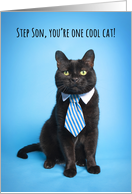 Happy Father’s Day Step Son Cute Cat in Blue Tie Humor card