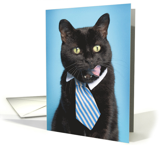 Happy Birthday For Anyone Cat in Tie Licking Face Humor card (1571354)