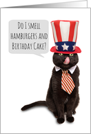 Happy Birthday and Happy Fourth of July Cat in Patriotic Hat Humor card