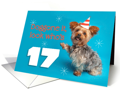 Happy 17th Birthday Yorkie in a Party Hat Humor card (1575430)