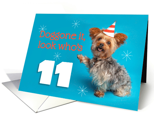 Happy 11th Birthday Yorkie in a Party Hat Humor card (1575444)