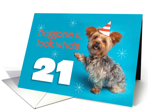 Happy 21st Birthday Yorkie in a Party Hat Humor card (1575450)