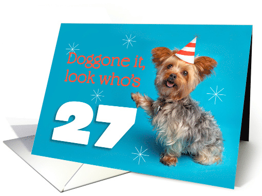 Happy 27th Birthday Yorkie in a Party Hat Humor card (1575462)