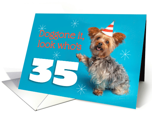 Happy 35th Birthday Yorkie in a Party Hat Humor card (1575514)