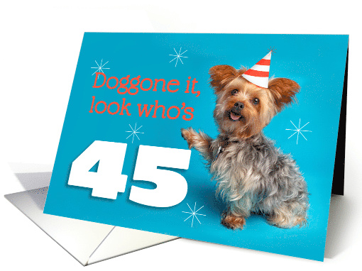 Happy 45th Birthday Yorkie in a Party Hat Humor card (1575606)