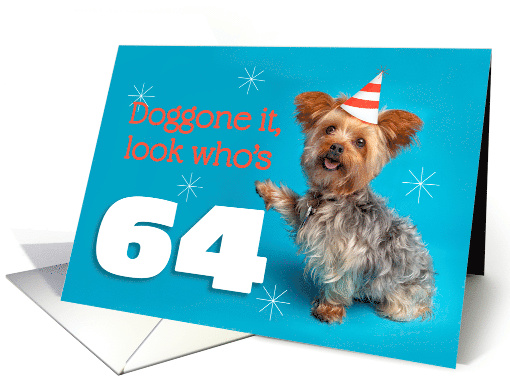Happy 64th Birthday Yorkie in a Party Hat Humor card (1575886)