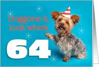 Happy 64th Birthday Yorkie in a Party Hat Humor card
