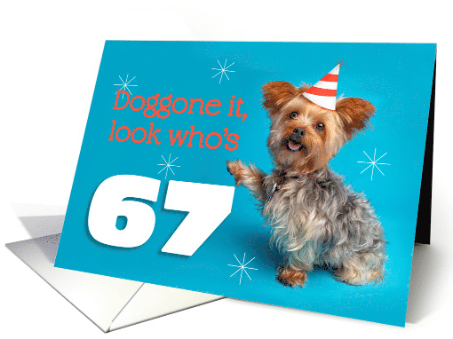 Happy 67th Birthday Yorkie in a Party Hat Humor card (1575892)