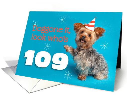 Happy 109th Birthday Yorkie in a Party Hat Humor card (1576264)