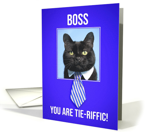 Happy Boss's Day Cat in Tie on Blue Humor card (1583556)