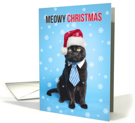 Meowy (Merry) Christmas For Anyone Cute Black Cat in Santa Hat card