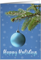 Happy Holidays Blue Ornament and Snowflakes Photo card