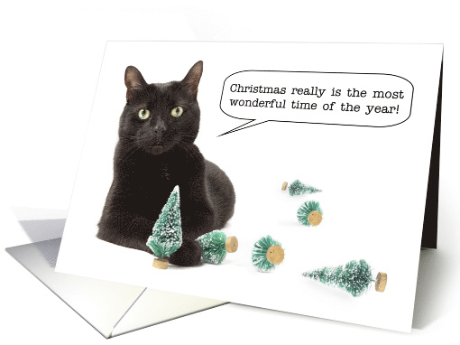 Merry Christmas For Anyone Cat Knocking Over Trees Humor card