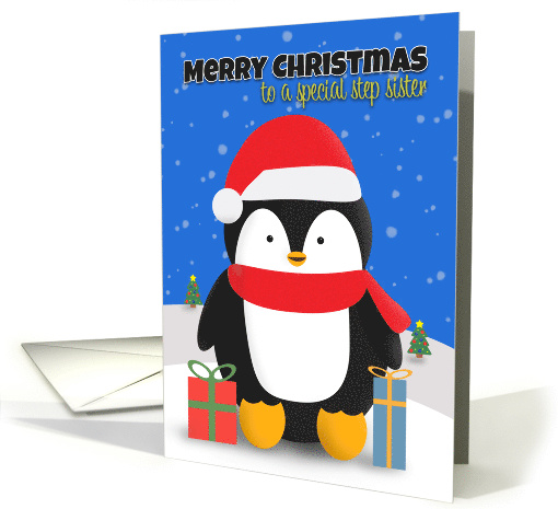 Merry Christmas Step Sister Penguin With Gifts in the Snow card