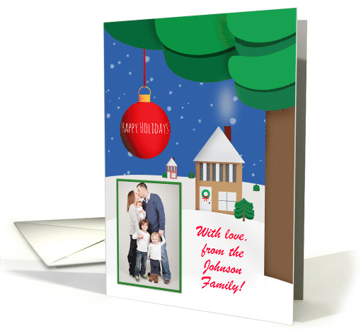Happy Holidays Custom Photo House on a Snowy Hill Illustration card
