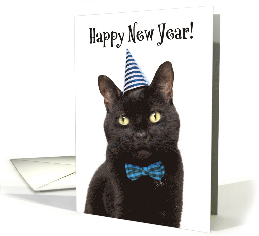 Happy New Year For Anyone Cute Black Cat in Tie and Hat Humor card