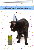 Happy New Year For Anyone Cute Black Cat in Hat with Champagne Humor card