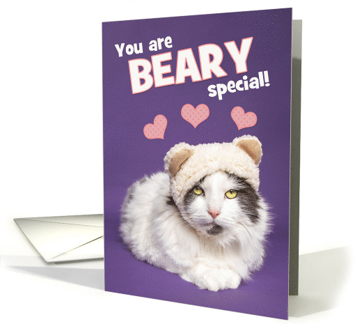 Happy Birthday For Anyone Funny White Cat in Bear Ears Humor card