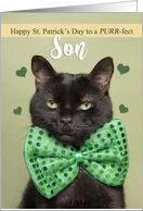 Happy St. Patrick’s Day Son Cute Black Cat in Green Bow Tie card