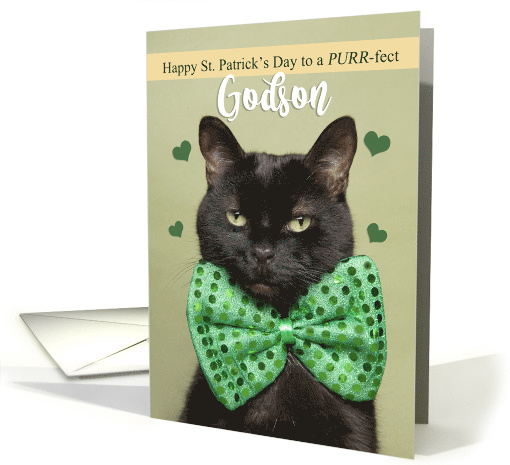 Happy St. Patrick's Day Godson Cute Black Cat in Green Bow Tie card