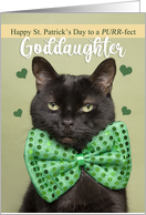 Happy St. Patrick’s Day Goddaughter Cute Black Cat in Green Bow Tie card