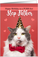 Happy Birthday Step Father Cute Cat in Party Hat and Bow Tie Humor card
