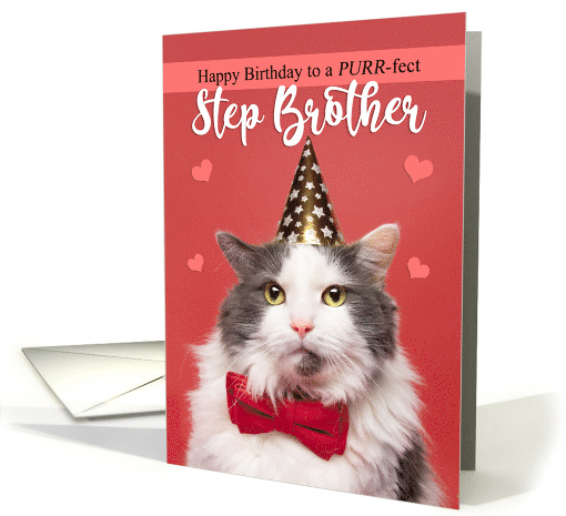 Happy Birthday Step Brother Cute Cat in Party Hat and Bow... (1599790)