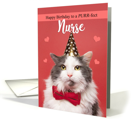 Happy Birthday Nurse Cute Cat in Party Hat and Bow Tie Humor card