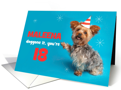 Happy Birthday Custom Name and Age Cute Yorkie in Party Hat card