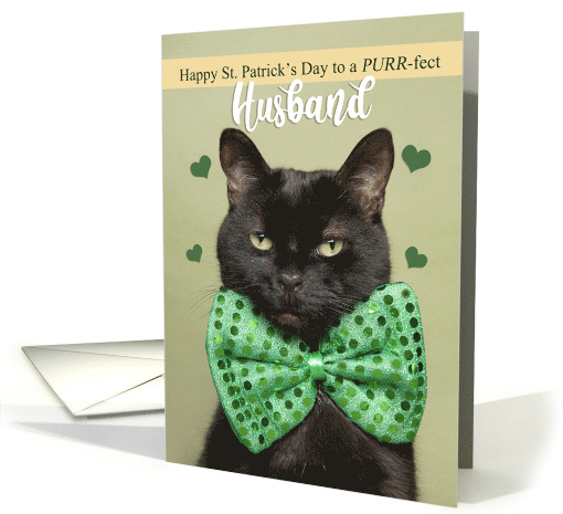 Happy St. Patrick's Day Husband Cute Black Cat in Green Bow Tie card