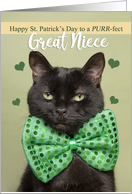 Happy St. Patrick’s Day Great Niece Cute Black Cat in Green Bow Tie card