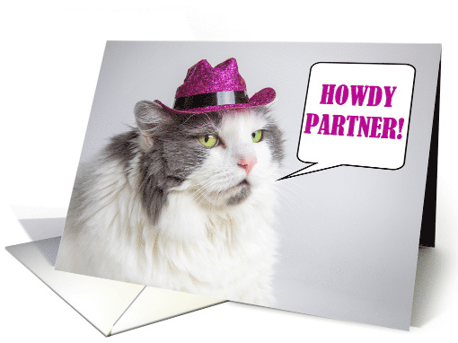 Thinking Of You For Anyone Funny Cat in Purple Cowboy Hat card