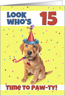 Happy 15th Birthday Cute Puppy in Party Hat Humor card