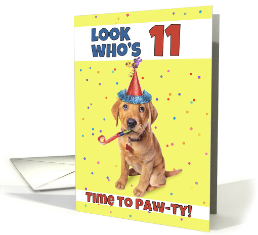 Happy 11th Birthday Cute Puppy in Party Hat Humor card (1604386)