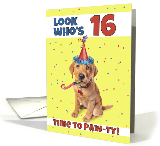 Happy 16th Birthday Cute Puppy in Party Hat Humor card (1604910)