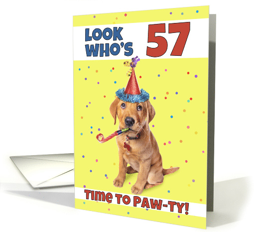 Happy 57th Birthday Cute Puppy in Party Hat Humor card (1605326)