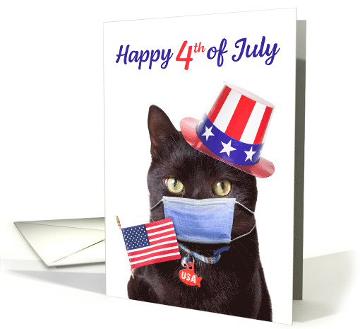 Happy 4th of July Cute Cat in Coronavirus Face Mask Humor card